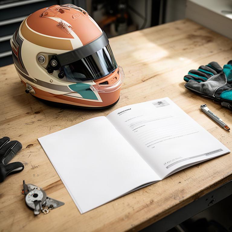 Racehelm naast een open document met technische aantekeningen op een werktafel