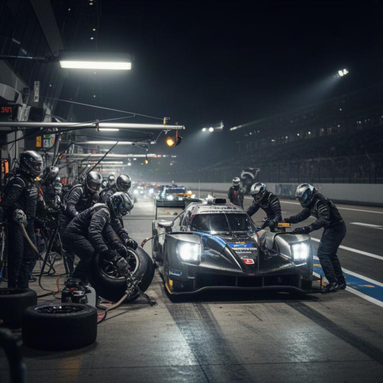 Verlichte pitstraat tijdens een endurance-race in de nacht, met monteurs en raceauto op slickbanden