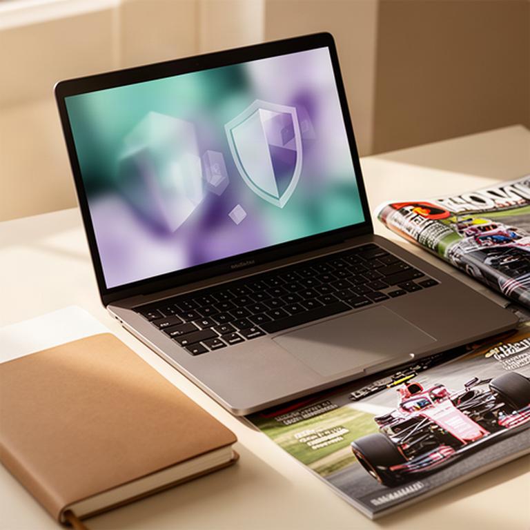 Laptop met privacydocument en notitieboek op een rustig bureau naast een motorsporttijdschrift