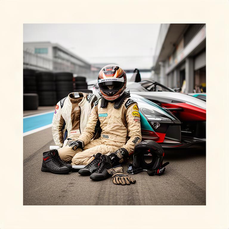Neutrale race-uitrusting naast een circuitauto in de pitstraat, met helm, pak en handschoenen zichtbaar