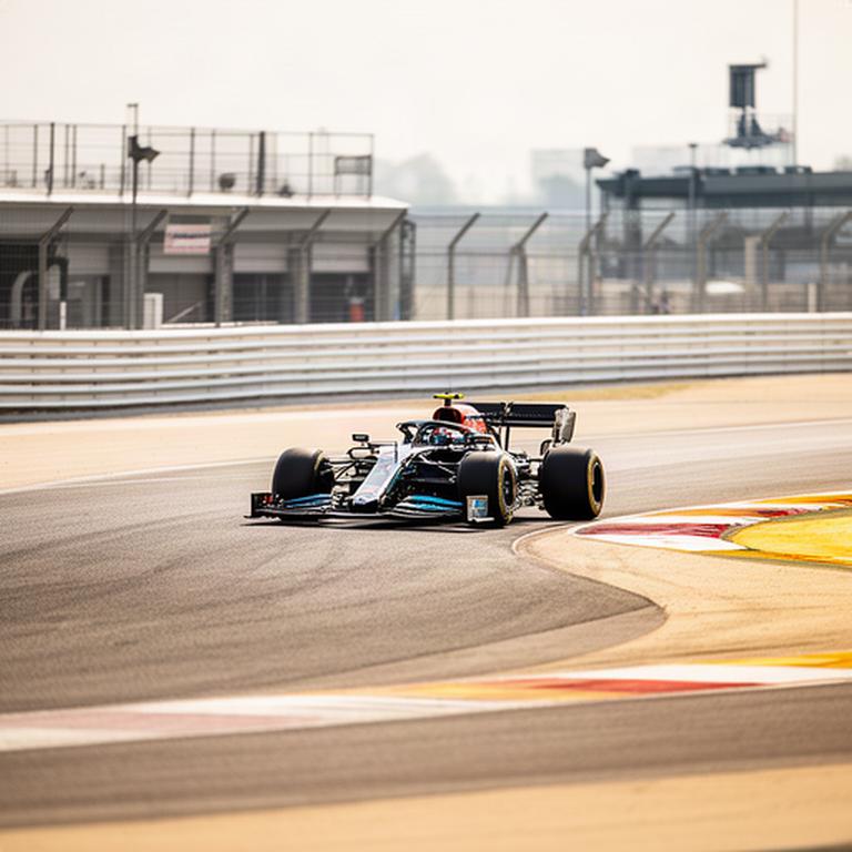 Raceauto op een droog circuit tijdens een bocht, met pitmuur en veiligheidsbarriers op de achtergrond