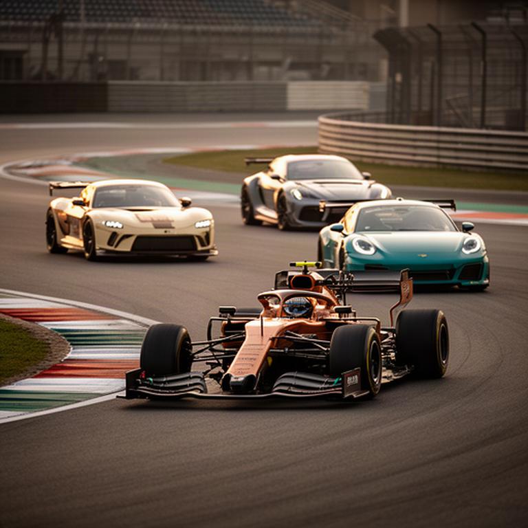 Meerdere typen raceauto's naast elkaar op een verlicht circuit, met een eenzitter, GT-auto en toerwagen in verschillende bochten
